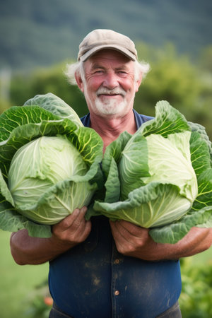 portrait of a happy farmer holding two heads of cabbage while standing outsideの素材