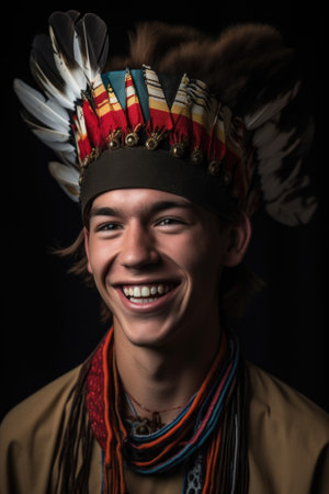 a young man wearing a native american headdress smiling at the cameraの素材