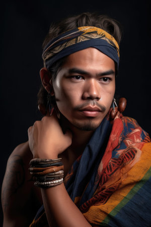 portrait of a young indigenous man posing in the studioの素材