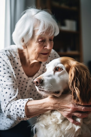 shot of a senior woman petting her dog at homeの素材