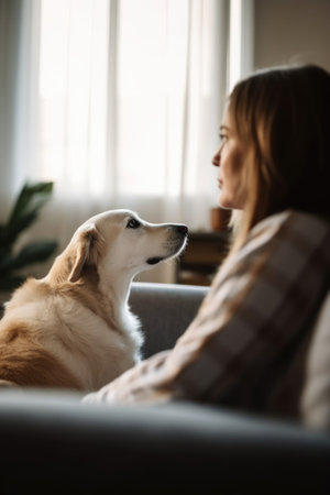 shot of a woman looking at her dog on the sofa at homeの素材