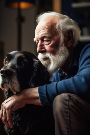 shot of a senior man and his dog bonding together at homeの素材