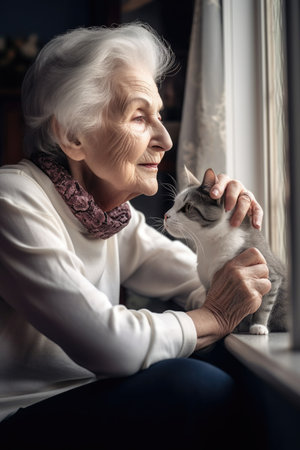 shot of a senior woman looking thoughtful while petting her cat at homeの素材