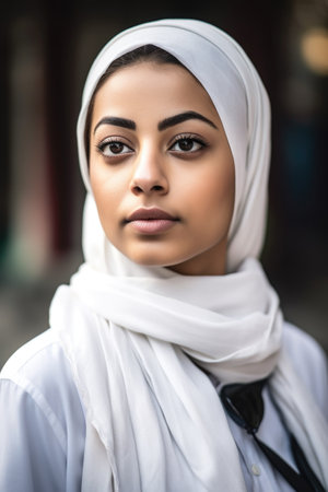 shot of a young muslim woman standing outsideの素材