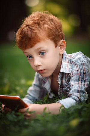 shot of an adorable little boy using a digital tablet while lying on the grassの素材