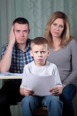 portrait of a little boy sitting between his parents and holding up his math exam resultsの素材