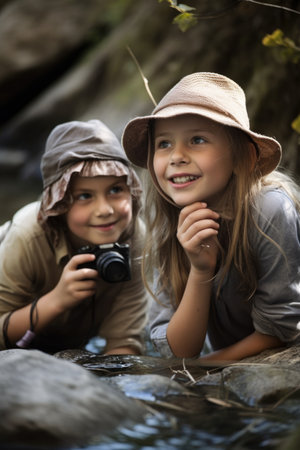 two happy young girls enjoying an outdoor adventureの素材