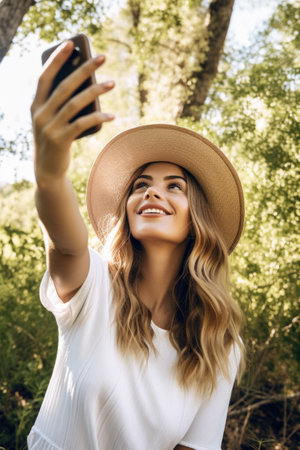 shot of a beautiful young woman taking a selfie while in natureの素材