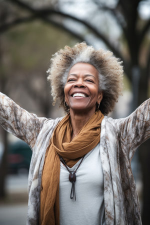 portrait of a woman standing outside with her arms outstretchedの素材