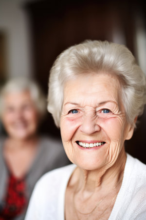 portrait of a happy woman with her senior mother in the backgroundの素材