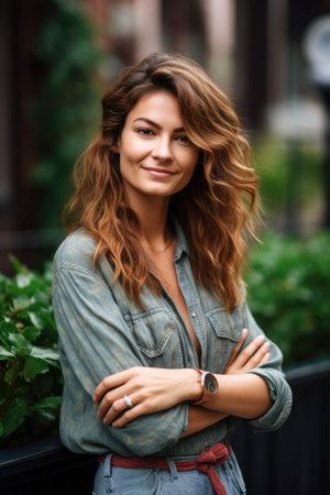 portrait of happy beautiful young woman standing outside with arms foldedの素材