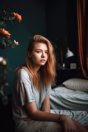 portrait of a young woman hanging out in her roomの素材