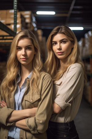 cropped shot of two young women standing in a warehouseの素材