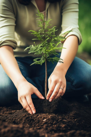 cropped shot of a woman planting a tree in her gardenの素材