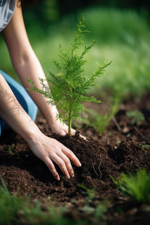 cropped shot of a woman planting a tree in her gardenの素材