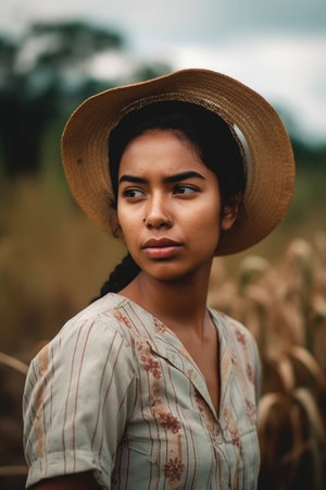 portrait of a young ethnic woman working in the fieldの素材