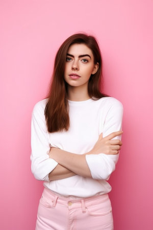 shot of an attractive young woman posing against a pink backgroundの素材