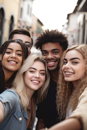 shot of a group of young friends taking selfies with the camera phone outsideの素材