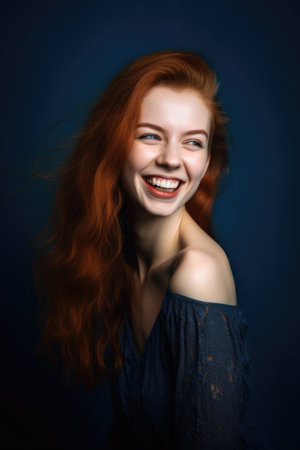 portrait of a happy young woman standing against a blue backgroundの素材