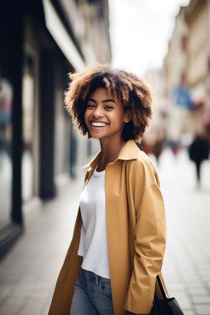 shot of a happy young woman out for some shopping during the dayの素材