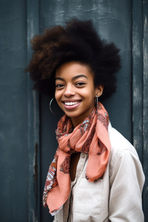 portrait of a happy young woman posing against a wall outsideの素材