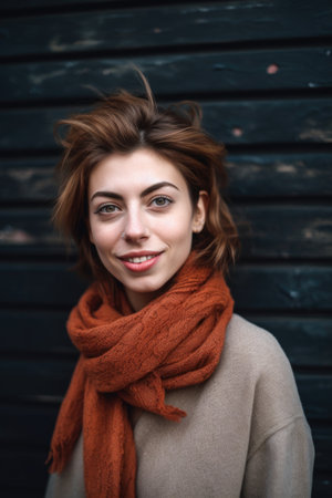 portrait of a happy young woman posing against a wall outsideの素材
