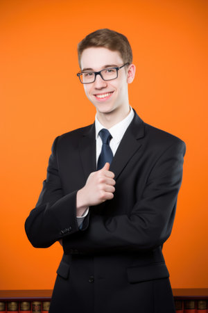 studio shot of a young lawyer giving a thumbs up against an orange backgroundの素材