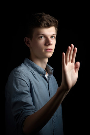 shot of a young man holding up his handの素材