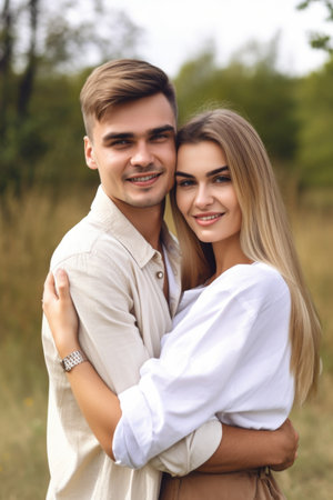 portrait of a happy young couple posing with their arms around each other outdoorsの素材