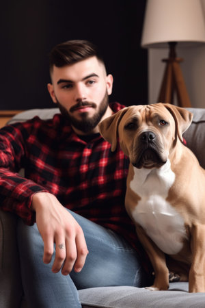 shot of a handsome young man sitting on the sofa at home with his dogの素材