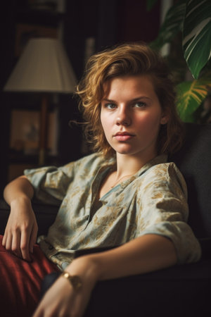 portrait of a young woman relaxing on the sofa at homeの素材
