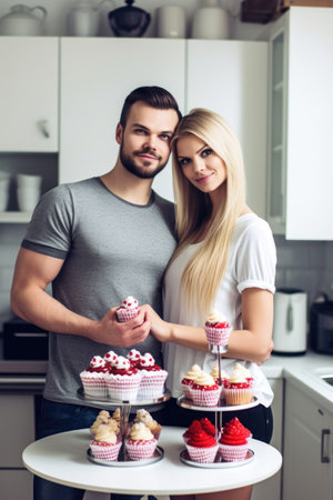 portrait of a young couple standing in the kitchen with their favourite cupcakesの素材