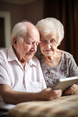 a senior couple relaxing together while using a digital tabletの素材