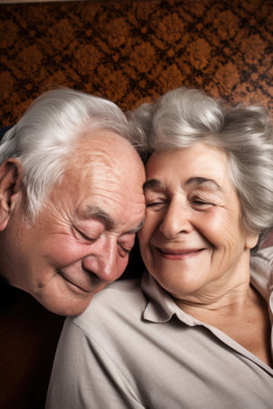 a senior couple lying on the floor togetherの素材