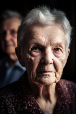 portrait of a senior woman with her husband in the backgroundの素材