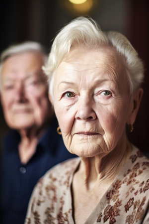 portrait of a senior woman with her husband in the backgroundの素材