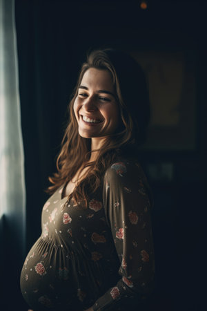 shot of a pregnant young woman holding her baby bump and smiling happilyの素材