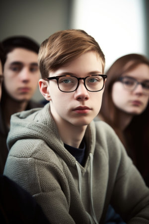 portrait of a group of teenagers sitting in classの素材