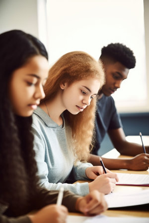 shot of a group of teenagers working on an assignment in classの素材