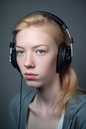 studio shot of a young woman wearing headphones against a grey backgroundの素材