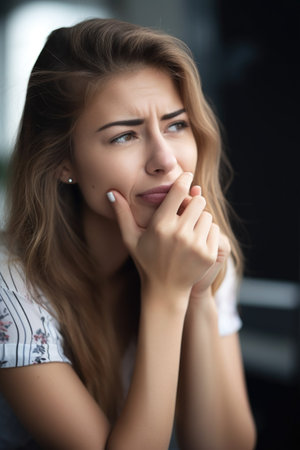 cropped shot of a young woman biting her nailsの素材