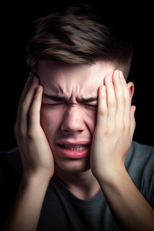 shot of a young man holding his face in distressの素材