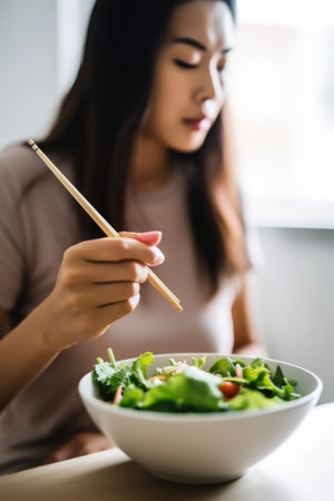 cropped shot of an unrecognizable young woman eating a salad with chopsticks at homeの素材