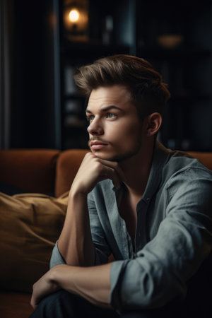 shot of a young man sitting on a couch and looking thoughtful at homeの素材