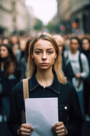 portrait of a young woman holding a placard while standing with her colleagues during a protestの素材