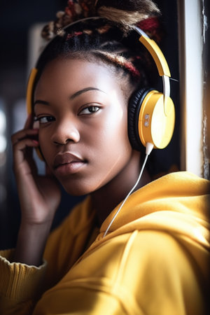 shot of a young woman listening to music through her headphonesの素材
