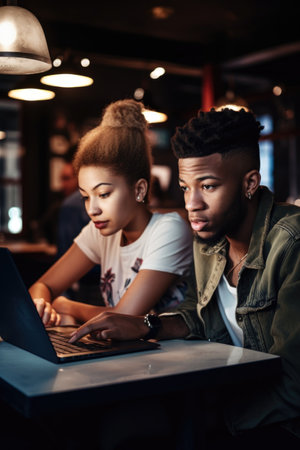 shot of a young man and woman working together on their laptops in a coffee shopの素材