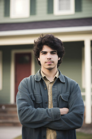 portrait of a young man standing in front of his new houseの素材