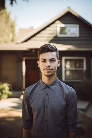 portrait of a young man standing in front of his new houseの素材