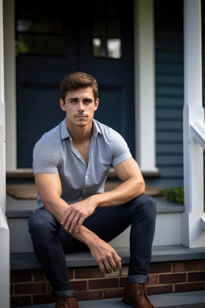 portrait of a confident young man sitting on the front steps of a houseの素材
